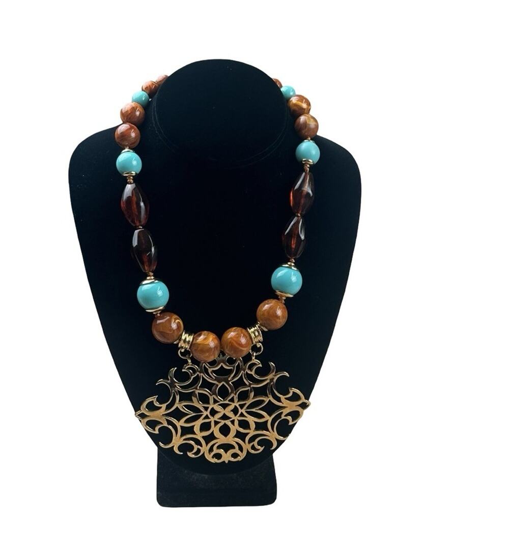 Ben-Amun Signed Statement Necklace Turquoise Brown Beads Large Filigree Pendant